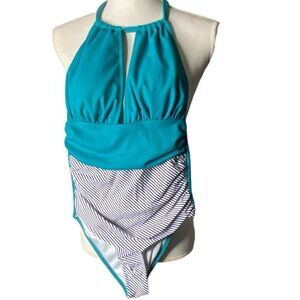 Cupshe Wm’s Sz XS Textured Green Striped Halter Blue Striped One-Piece Swimsuit